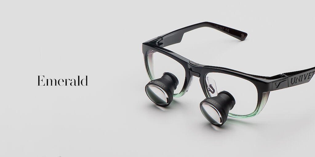 Loupes Univet Look & Cool Galilean Emerald con montatura ergonomica nero e verde e ottiche di precisione